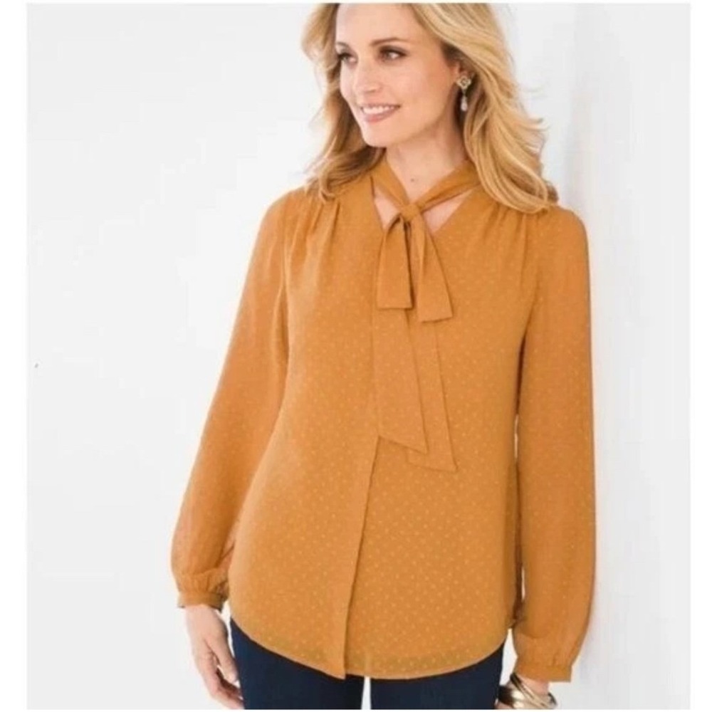 NEW Chico's Swiss Dot Blouse Neck Tie Bow Mustard Yellow Womens Medium